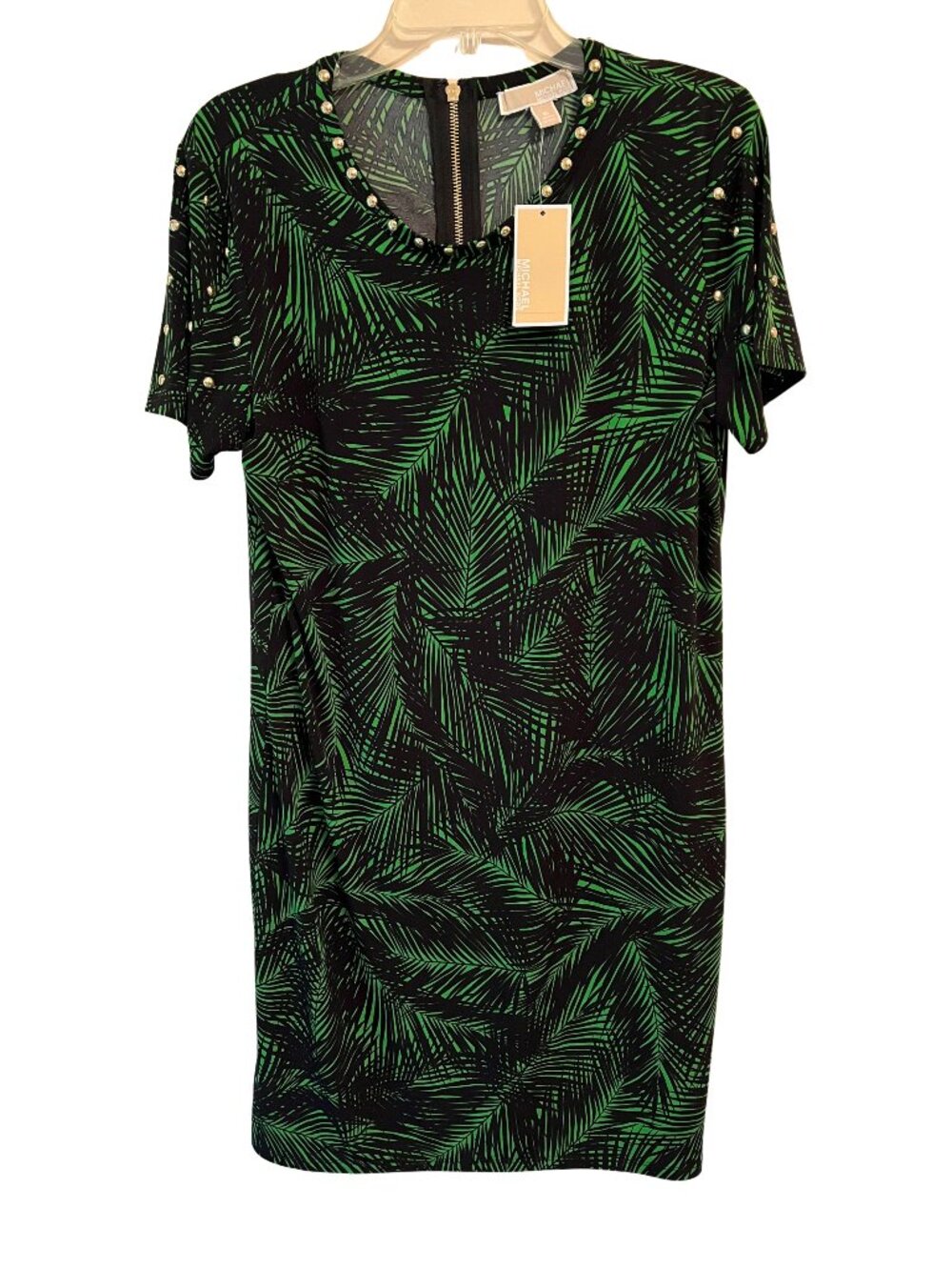 MICHAEL KORS Size XL Black & Green Studded Palm Print Dress NWT